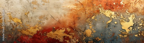Rusty paint on a wall with gold and red paint, banner, copy space