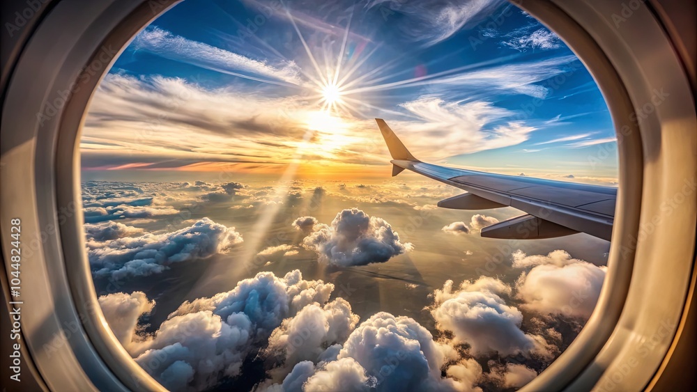 A Glimpse of Golden Light Through the Airplane Window, Illuminating a Sea of White Clouds Below A Glimpse of Golden Light Through the Airplane Window, Illuminating a Sea of White Clouds Below