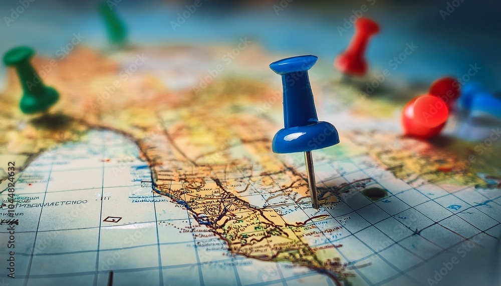 A textured map, adorned with a red push pin, invites you to trace your own path and discover hidden treasures A textured map, adorned with a red push pin, invites you to trace your own path and discover hidden treasures