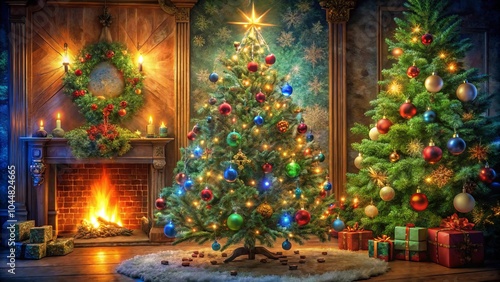 A Festive Gathering Around a Majestic Christmas Tree Adorned with Sparkling Lights and Colorful Ornaments, A Warm Fire Crackles in the Hearth, Gifts Await Underneath