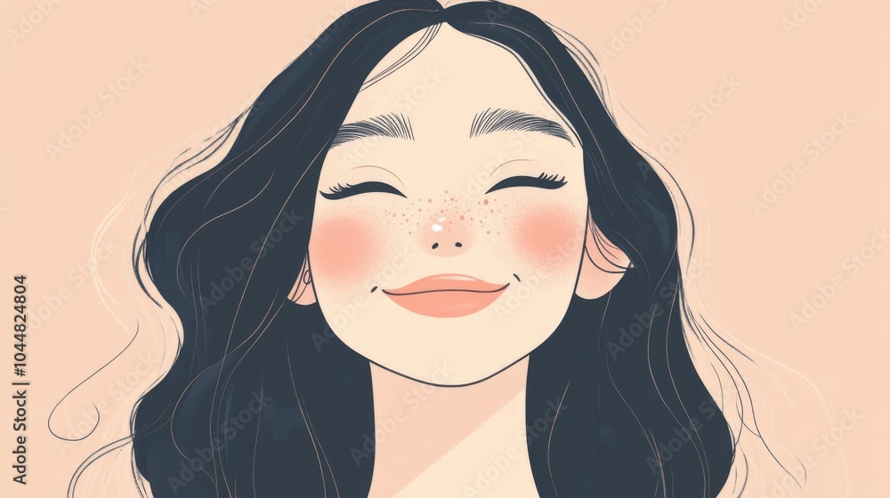 Illustration of a smiling woman with closed eyes and freckles on her face. Illustration of a smiling woman with closed eyes and freckles on her face.