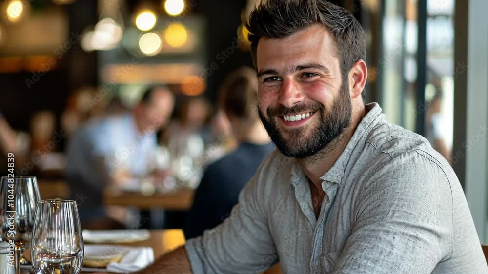 A man with a beard smiles at the camera while sitting at a restaurant table A man with a beard smiles at the camera while sitting at a restaurant table