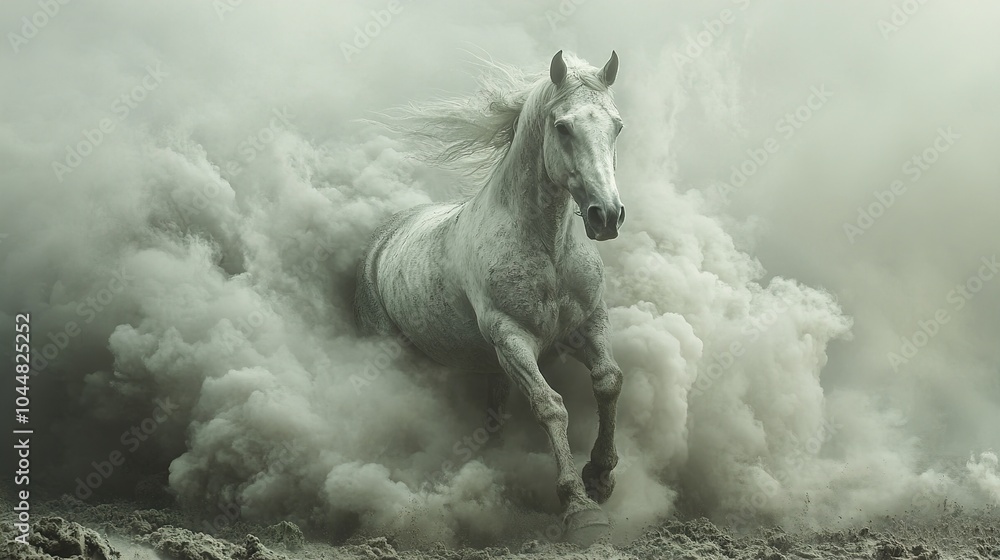 Obraz premium White Horse Running Through Dust Cloud - Powerful Animal Photography