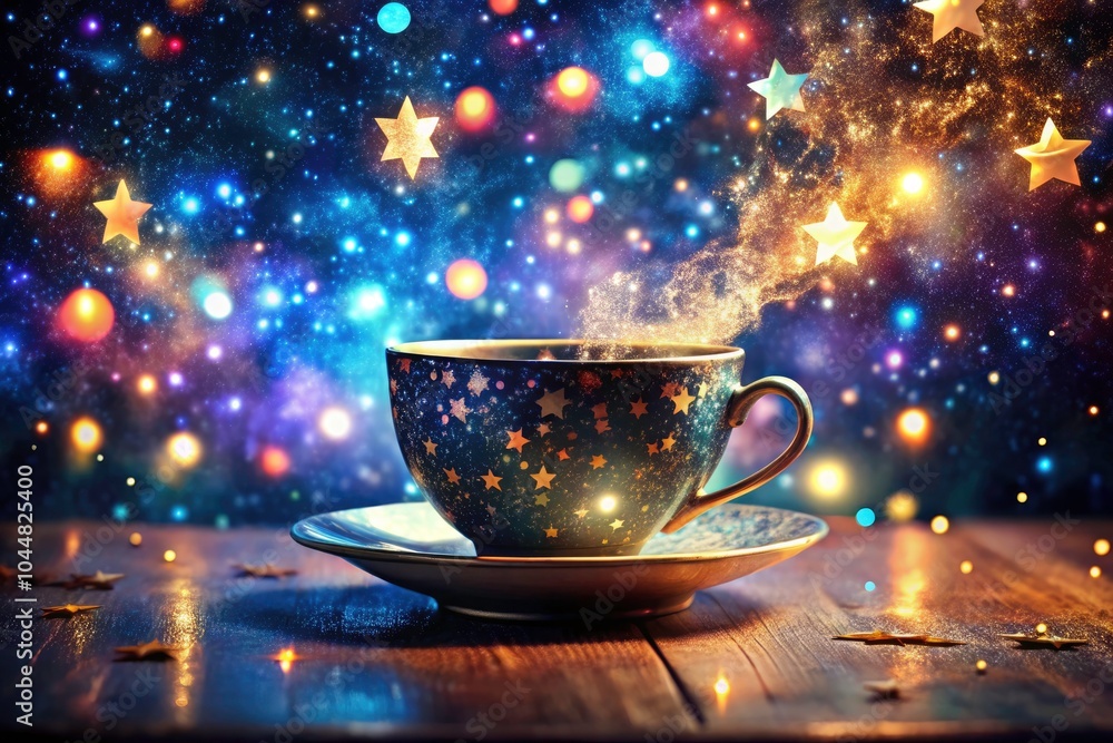 Fototapeta premium Starry Galaxy Cup on Sparkling Table - Architectural Photography of a Celestial Design with Lights and Sparkles for Captivating Interior Decor