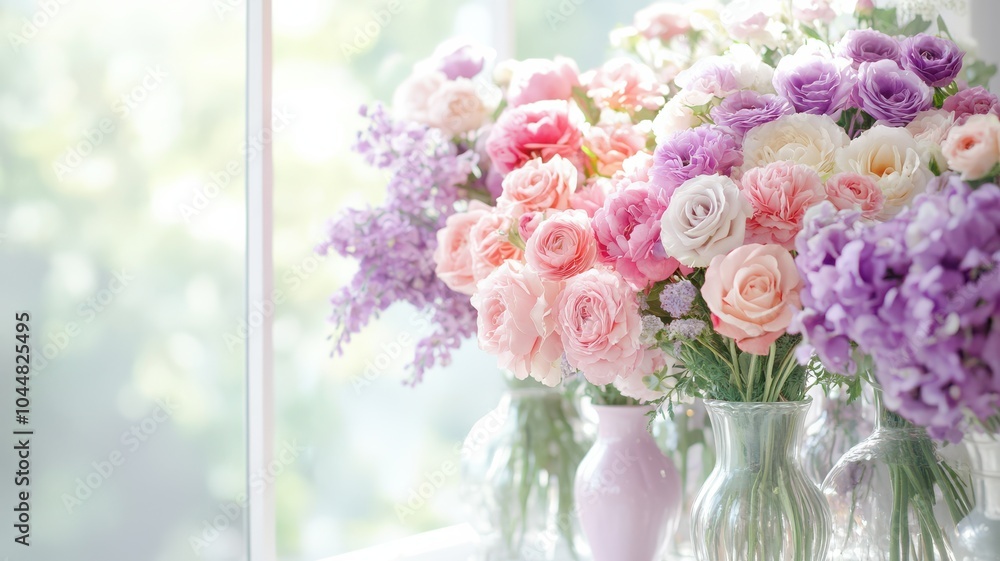 Obraz premium A beautiful arrangement of pastel roses and lilacs in elegant vases, perfect for adding charm to any indoor space.