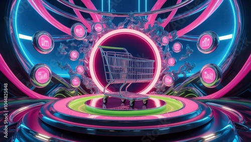 a futuristic 3D render of an e-commerce metrics background, with a shopping cart 3D model, surrounded by swirling, neon-lit data streams and hovering, glowing metrics icons, illuminated by a radiant
