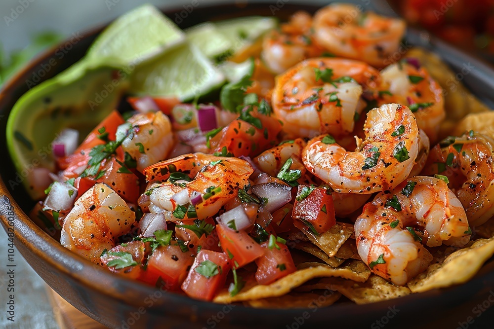 A dish of ceviche, featuring a mix of shrimp and fish marinated in lime juice, mixed with diced tomatoes, onions, cilantro, and avocado, served with crispy tortilla chips. A dish of ceviche, featuring a mix of shrimp and fish marinated in lime juice, mixed with diced tomatoes, onions, cilantro, and avocado, served with crispy tortilla chips.