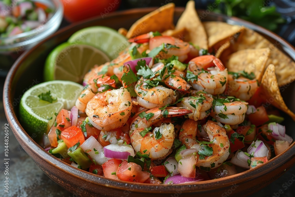 A dish of ceviche, featuring a mix of shrimp and fish marinated in lime juice, mixed with diced tomatoes, onions, cilantro, and avocado, served with crispy tortilla chips. A dish of ceviche, featuring a mix of shrimp and fish marinated in lime juice, mixed with diced tomatoes, onions, cilantro, and avocado, served with crispy tortilla chips.