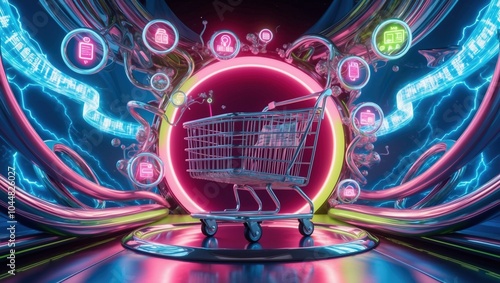 a futuristic 3D render of an e-commerce metrics background, with a shopping cart 3D model, surrounded by swirling, neon-lit data streams and hovering, glowing metrics icons, illuminated by a radiant