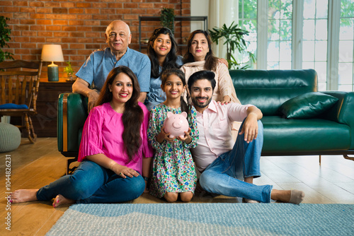 Photography Happy Indian Asian family of six holding a piggy bank together, emphasizing the