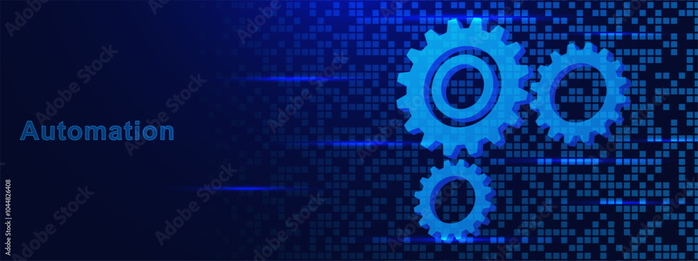Automation and IOT concept with 3D gearwheel and digital pixels. Binary data and digital code on dark blue background Automation and IOT concept with 3D gearwheel and digital pixels. Binary data and digital code on dark blue background