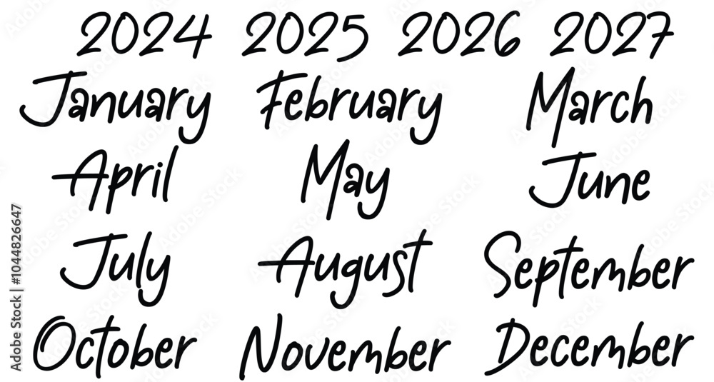 Handwritten month names vector set, Calendar months set 2027 2025 2026 2027, Calendar template December, January, February, March, April, May, June, July, August Handwritten month names vector set, Calendar months set 2027 2025 2026 2027, Calendar template December, January, February, March, April, May, June, July, August