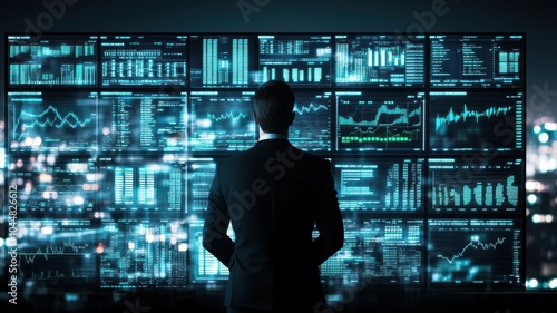 A businessman analyzes data on multiple screens, showcasing the significance of visualization in modern analytics and decision-making.