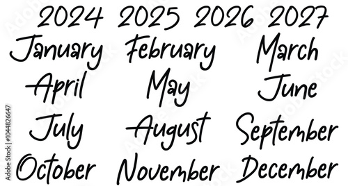 Handwritten month names vector set, Calendar months set 2027 2025 2026 2027, Calendar template December, January, February, March, April, May, June, July, August