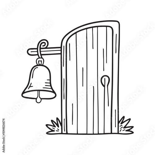 An illustration of a bell hanging from a rustic door