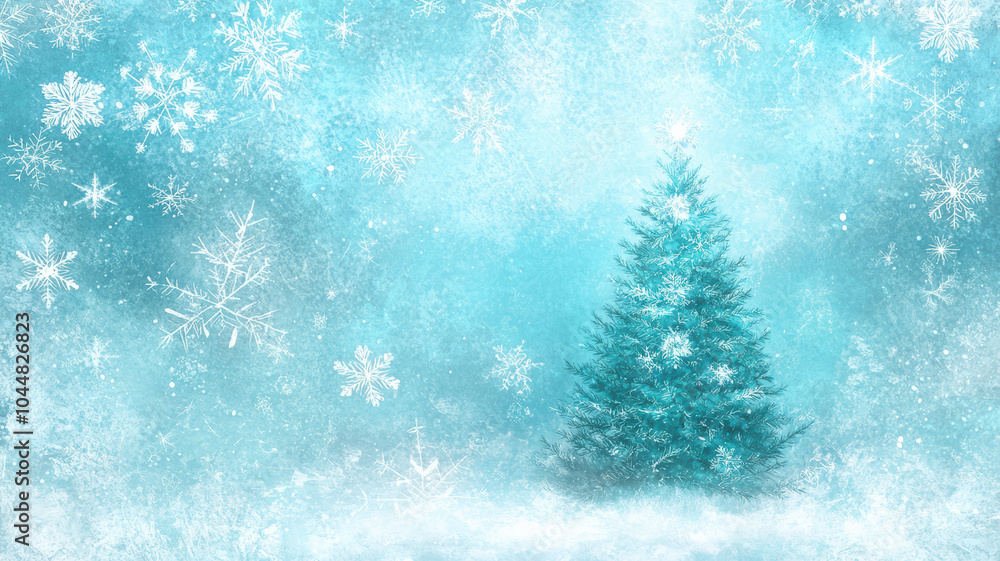 Glowing snowflakes and Christmas tree on blue Glowing snowflakes and Christmas tree on blue