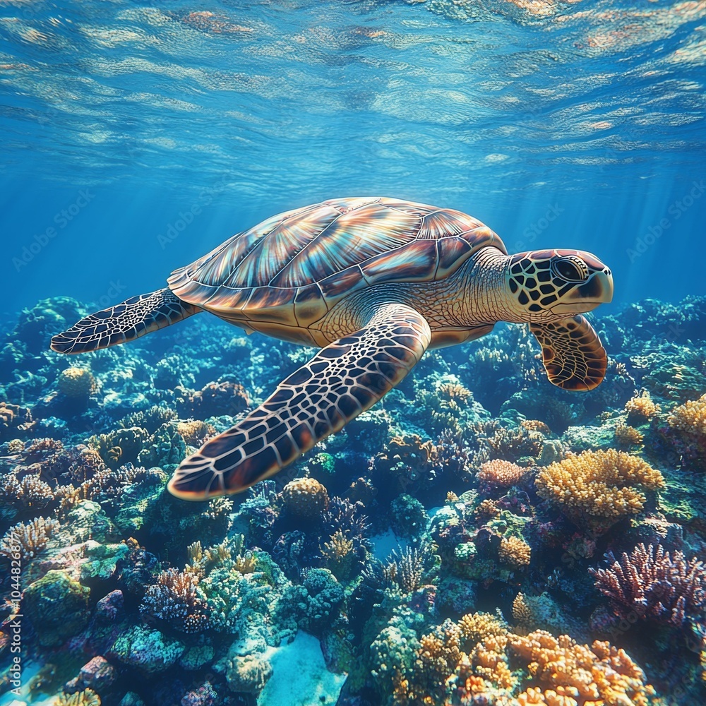 Fototapeta premium Dive Into A Vibrant Underwater World With This Turtle