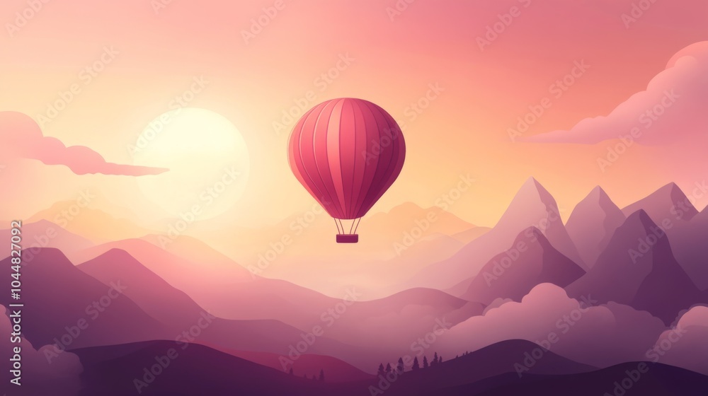 A hot air balloon floats in the sky above mountains at sunset. A hot air balloon floats in the sky above mountains at sunset.