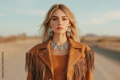 Boho chic fashion with a fringed suede jacket, flared jeans, statement jewelry, soft natural lighting, desert background, 3D render, photorealistic, wideangle view