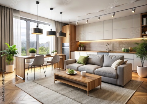 Wallpaper Mural Stylish Modern Apartment Kitchen-Living Room in Minimalist Design, Open Space Concept, Natural Light, Sleek Furniture, Neutral Colors, Contemporary Aesthetics, Trendy Interior, Cozy Ambiance Torontodigital.ca