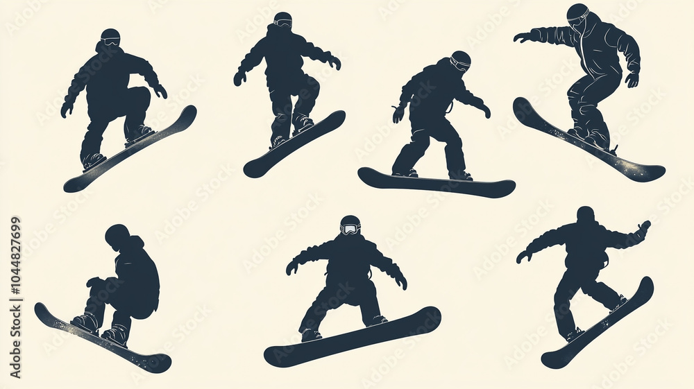 A series of snowboarding actions highlights a skilled rider navigating through a snowy environment A series of snowboarding actions highlights a skilled rider navigating through a snowy environment