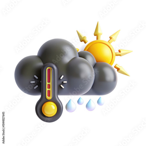 A colorful 3D render of a weather icon featuring a thermometer, clouds, raindrops, and a sun with rays, symbolizing temperature and weather conditions.