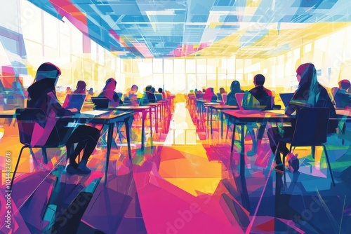 Abstract illustration of students taking an exam in a colorful classroom photo