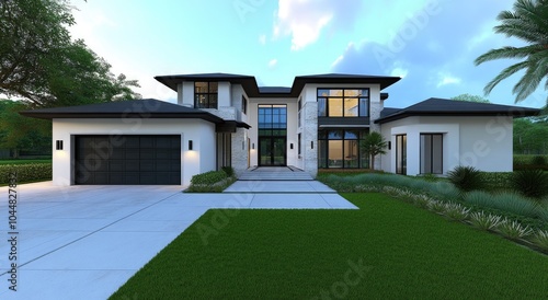 A modern house in Miami features a white and gray color scheme with dark windows and door frames. 