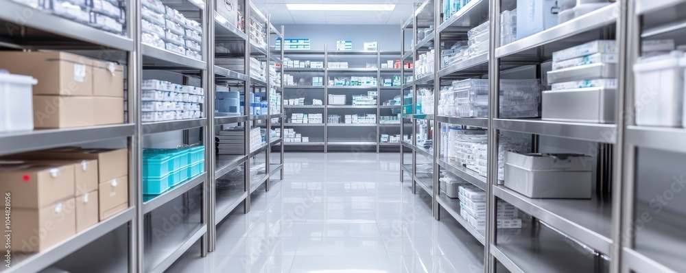 A clean, organized storage room filled with shelves of medical supplies and equipment, perfect for healthcare settings. A clean, organized storage room filled with shelves of medical supplies and equipment, perfect for healthcare settings.