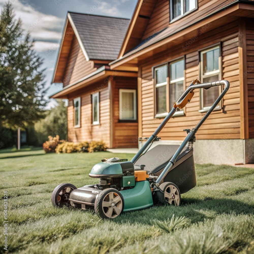 Fototapeta premium A perfectly trimmed lawn in front of a cozy house with a lawnmower ready for use on a sunny day, highlighting the care and maintenance of the yard
