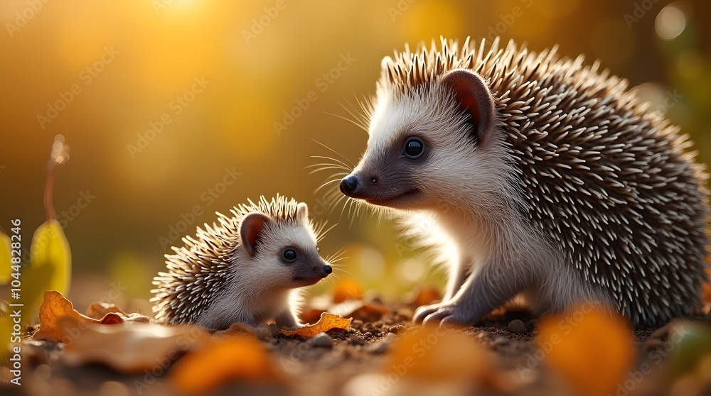 Two hedgehogs are sitting on the leaves. A family of hedgehogs in the autumn forest look into the frame. Two hedgehogs close-up on the leaves. Two hedgehogs are sitting on the leaves. A family of hedgehogs in the autumn forest look into the frame. Two hedgehogs close-up on the leaves.