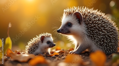 Two hedgehogs are sitting on the leaves. A family of hedgehogs in the autumn forest look into the frame. Two hedgehogs close-up on the leaves.