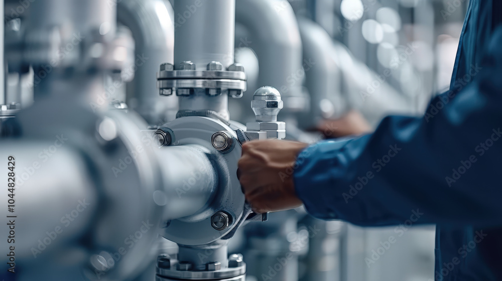 Close up of complex valve system in petrochemical facility, showcasing intricate piping and worker adjusting valve. scene emphasizes industrial precision and functionality Close up of complex valve system in petrochemical facility, showcasing intricate piping and worker adjusting valve. scene emphasizes industrial precision and functionality
