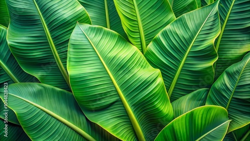 The image shows a close-up of lush green banana leaves, showcasing their intricate veins and the textured surface.