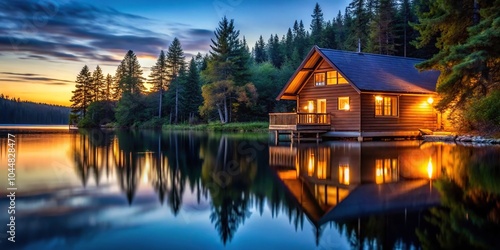 Warmly lit cabin by the lake with serene reflections at dusk