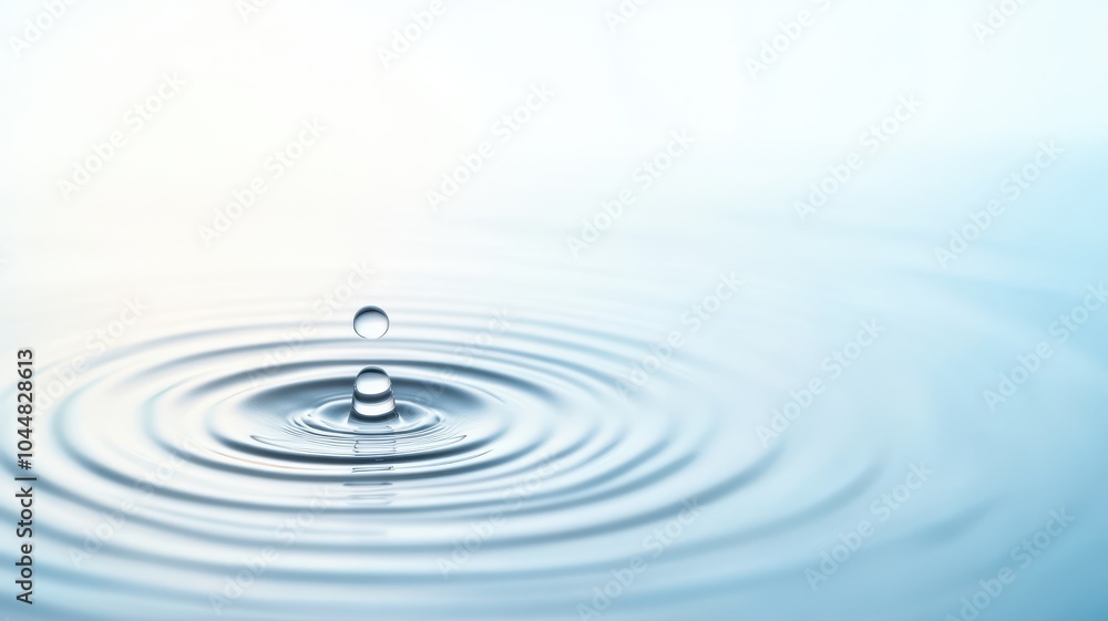 A close-up of a water droplet creating ripples in calm water, evoking serenity and tranquility in a minimalist setting. A close-up of a water droplet creating ripples in calm water, evoking serenity and tranquility in a minimalist setting.