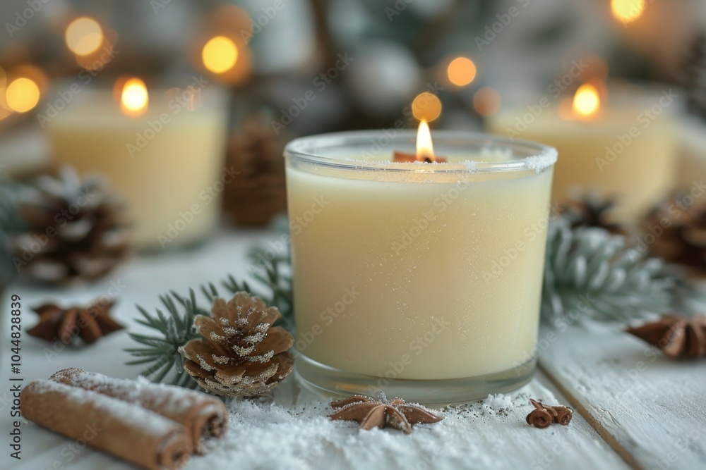 Candles are lit on a table with pine cones and cones