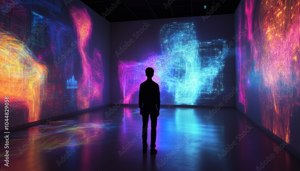 A silhouette in a room with colorful, vibrant digital art projections on the walls, showcasing immersive technology. A silhouette in a room with colorful, vibrant digital art projections on the walls, showcasing immersive technology.