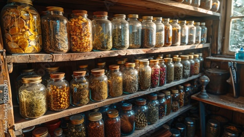 Wallpaper Mural A cozy kitchen brims with jars of vibrant herbs and spices arranged on weathered wooden shelves, illuminated by warm afternoon sunlight Torontodigital.ca