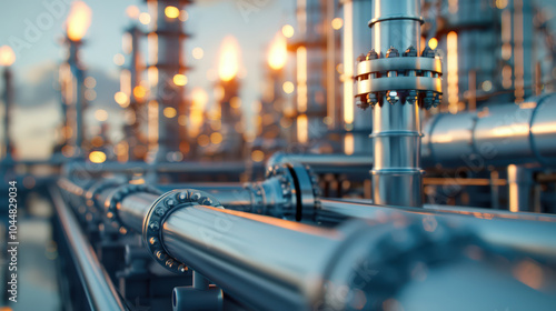 Wallpaper Mural Close up of industrial refinery towers with steam and smoke, showcasing intricate piping and glowing flames. scene captures essence of energy production and industrial activity Torontodigital.ca