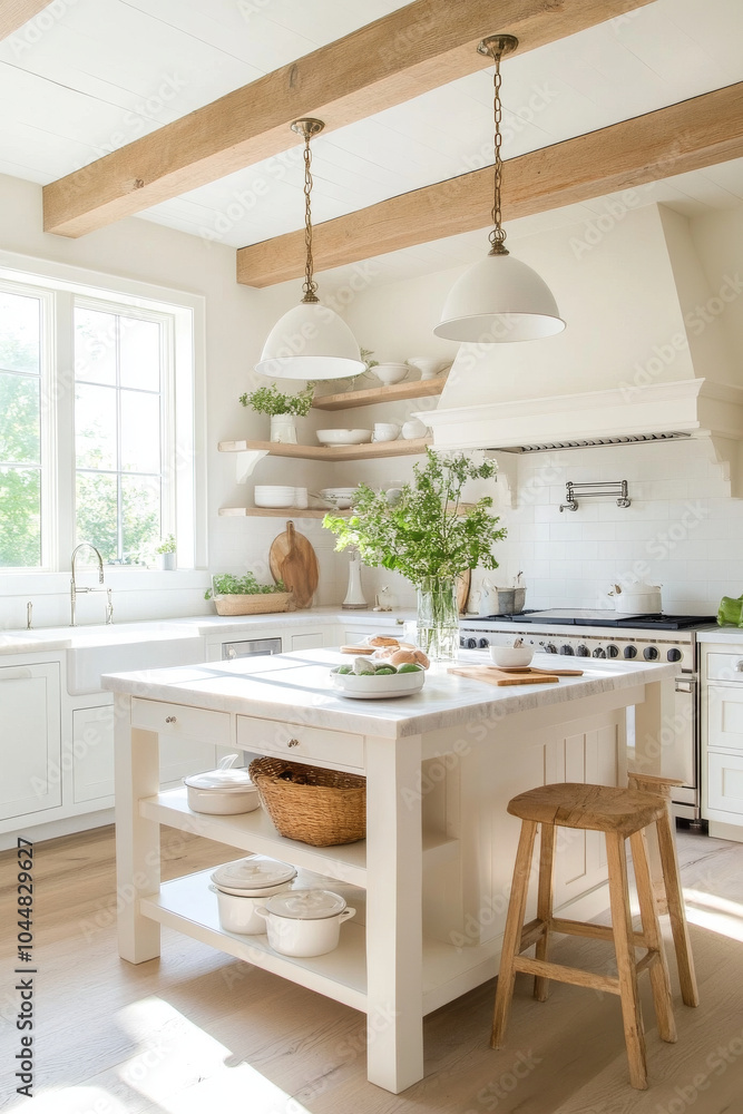 Fototapeta premium Bright and airy kitchen featuring central island with white countertop, wooden beams, and elegant pendant lights. space is adorned with fresh greenery, creating welcoming atmosphere