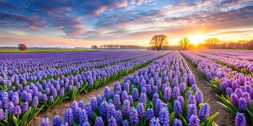 Silhouette of serene landscape with blooming hyacinth flowers