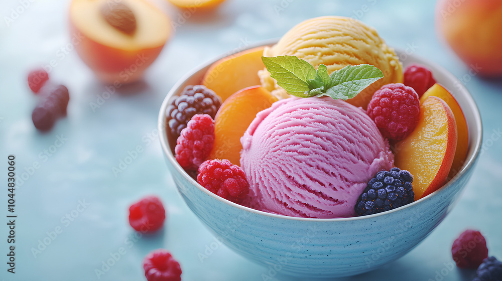 A colorful bowl of 3D fruit ice cream, garnished with fresh peaches and berries A colorful bowl of 3D fruit ice cream, garnished with fresh peaches and berries