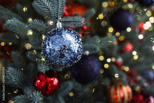 close up of christmas tree beautifully decorated with a variety of colorful ornaments including shiny red and blue balls and garlands creating a warm and festive atmosphere background