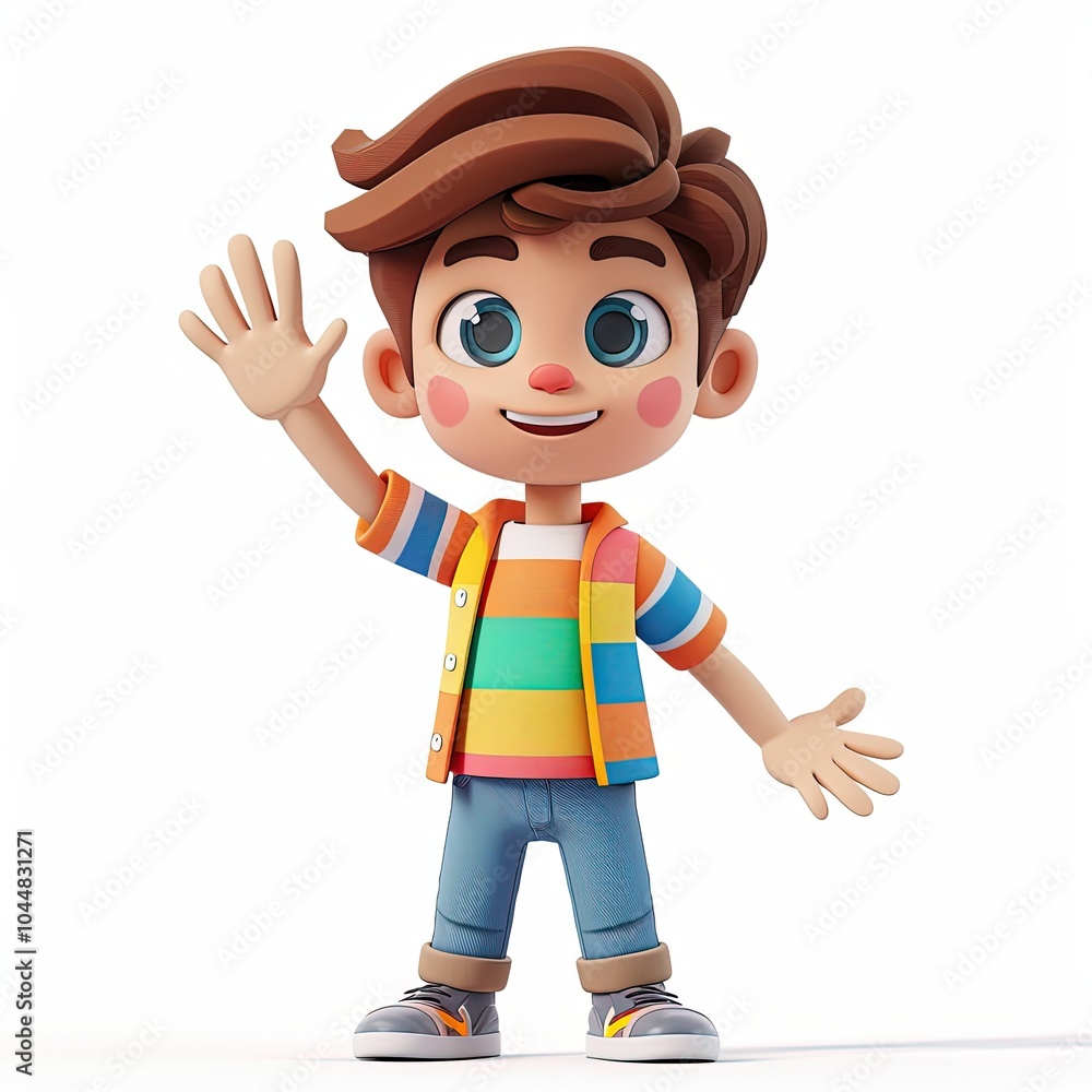 A Vibrant Cartoon Boy Waves Enthusiastically in His Colorful Striped Outfit and Bright Smile A Vibrant Cartoon Boy Waves Enthusiastically in His Colorful Striped Outfit and Bright Smile