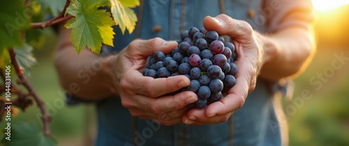 A close-up of a farmer holding a bunch of freshly picked grapes in his hands, symbolizing harvest and agriculture.