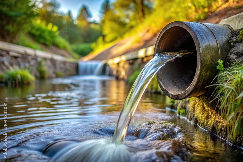 Fototapeta premium Water flowing from pipe into river with selective focus