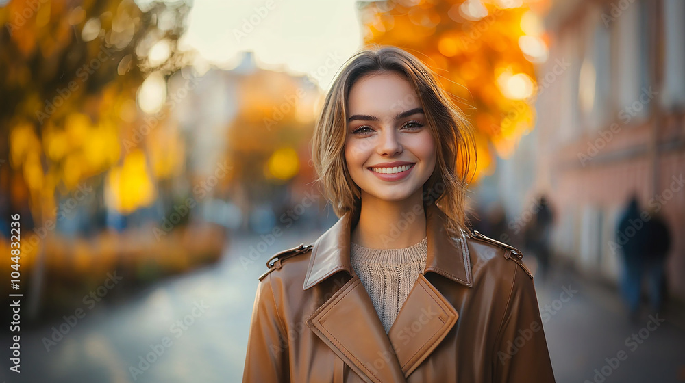 Young woman in faux leather coat, autumn street Young woman in faux leather coat, autumn street