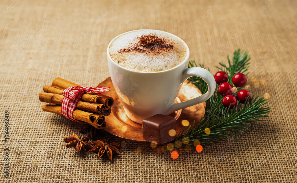 cappuccino cup on a Christmas background