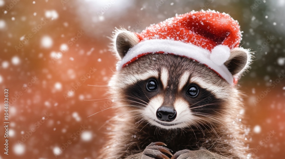 Cute cozy racoon enjoys snowy winter Christmas banner. Cute happy pet portrait. Seasonal banner design with place for text. Cute cozy racoon enjoys snowy winter Christmas banner. Cute happy pet portrait. Seasonal banner design with place for text.
